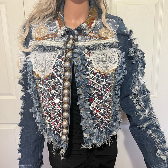 One of a kind women’s jean jacket.
Size Large 
You will definitely get noticed! - Picture 4 of 4